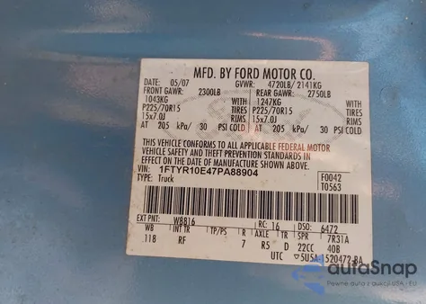 2007 Ford Ranger Xl/Xlt из США, поврежденный, VIN 1FTYR10E47PA88904